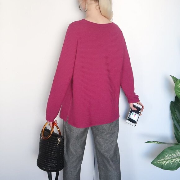 Eileen Fisher Pink/ Fuchsia Jewel Neck Ribbed Sweater - Picture 9 of 12